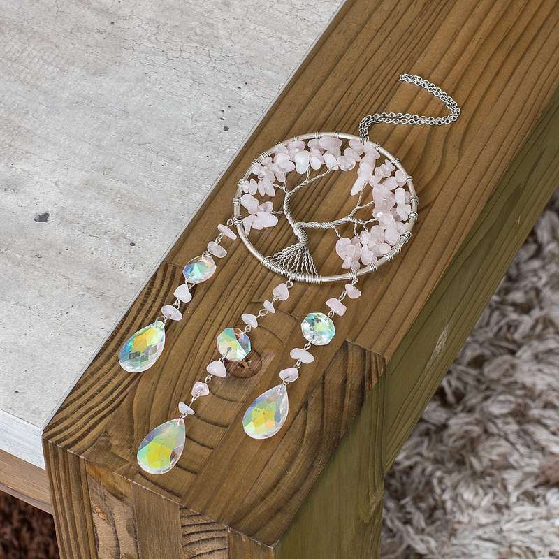 Wire Wrapped Tree of Life suncatcher - Rose Quartz Chips