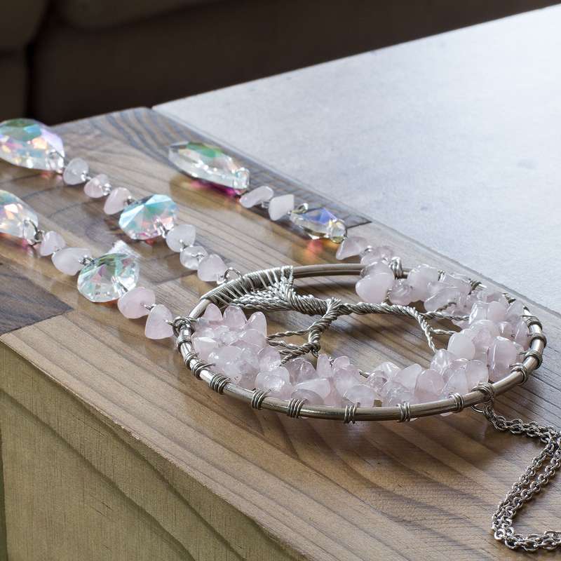 Wire Wrapped Tree of Life suncatcher - Rose Quartz Chips
