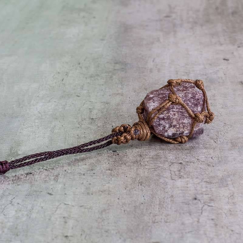 Rough Stone in Net Necklace - Strawberry Quartz