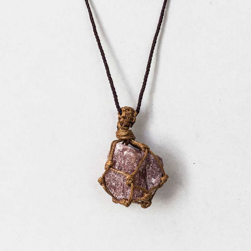 Rough Stone in Net Necklace - Strawberry Quartz