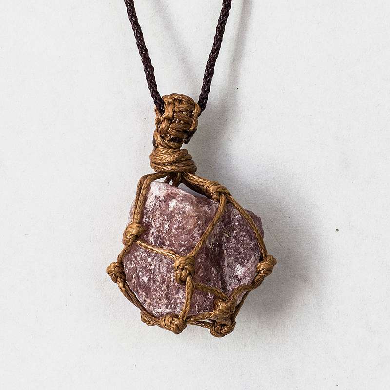 Rough Stone in Net Necklace - Strawberry Quartz