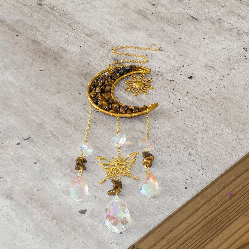 Natural Tiger's Eye Chip & Metal Moon Hanging Suncatcher