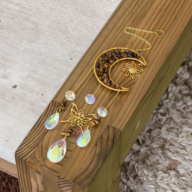 Natural Tiger's Eye Chip & Metal Moon Hanging Suncatcher