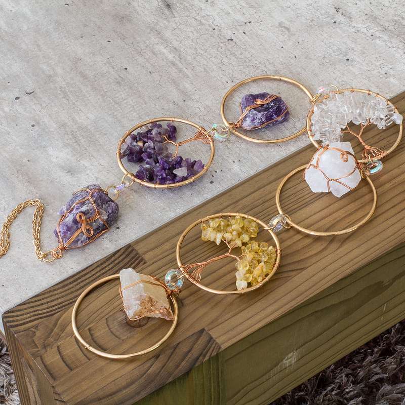 Rough natural stone tree of life, wire wrapped, iron ring wall art