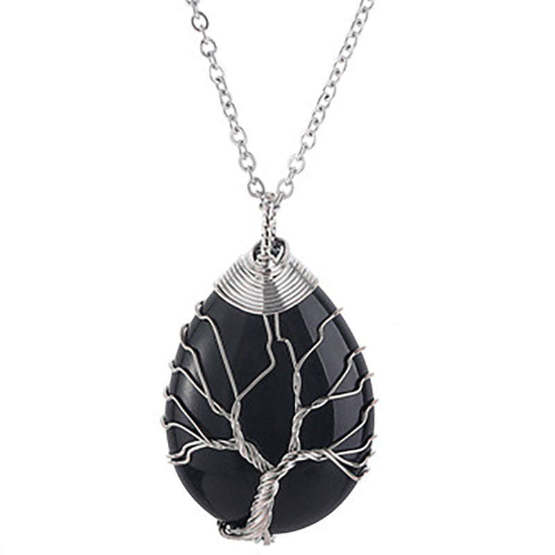 Tree of life Drop Necklace - Obsidian