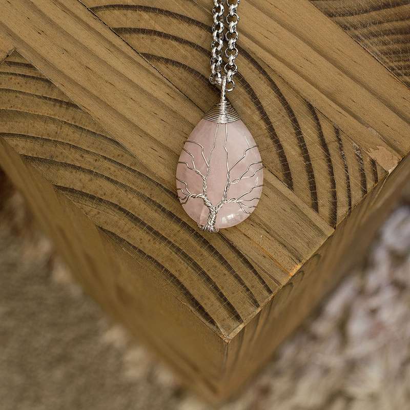 Tree of life Drop Necklace - Rose Quartz