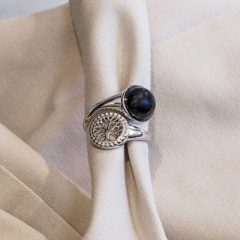 Tree of Life Adjustable Ring - Black Obsidian