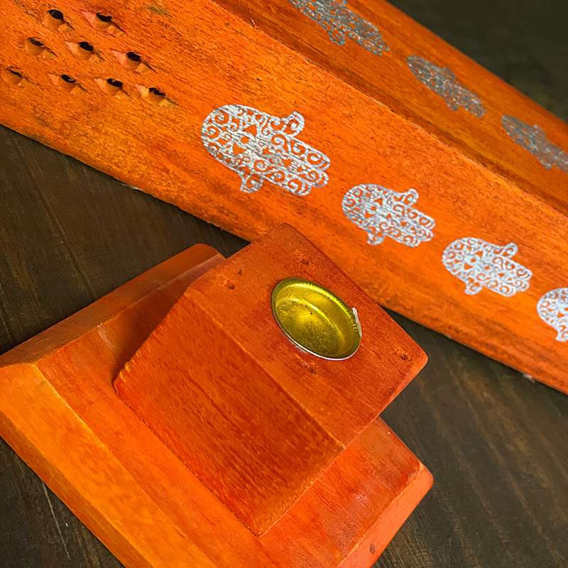 Wooden Incense Holder (Orange) Hamsa Hand
