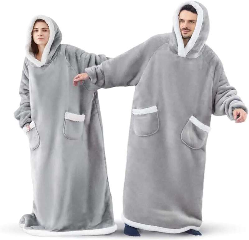 Grey Oversized Hoodie Blanket Wearable Blanket with Pockets