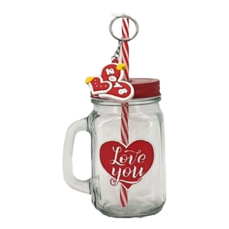 Straw Glass Jar with Lid and Keyring Set