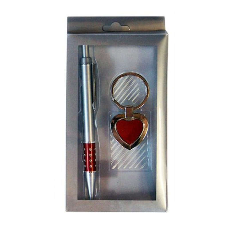 Pen with Keyring Set Silver/Red