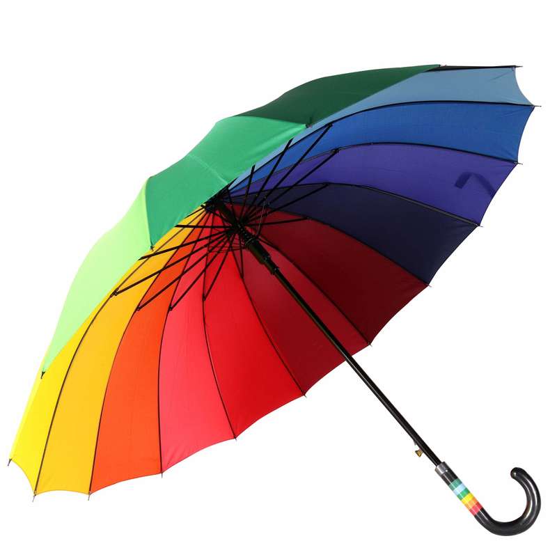 Auto Open Fibreglass Ribs Metal Shaft Pongee Rainbow with Hook Leather Handle