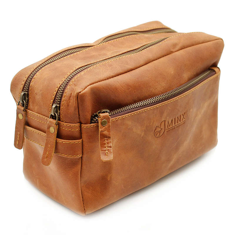 Double Zip LeatherToiletry Bag - Gift set