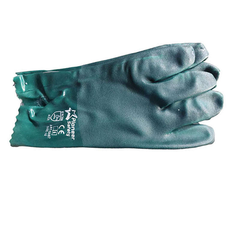 PIONEER SAFETY Gloves PVC Coat Green Textured Heavy Duty Open Cuff 27cm