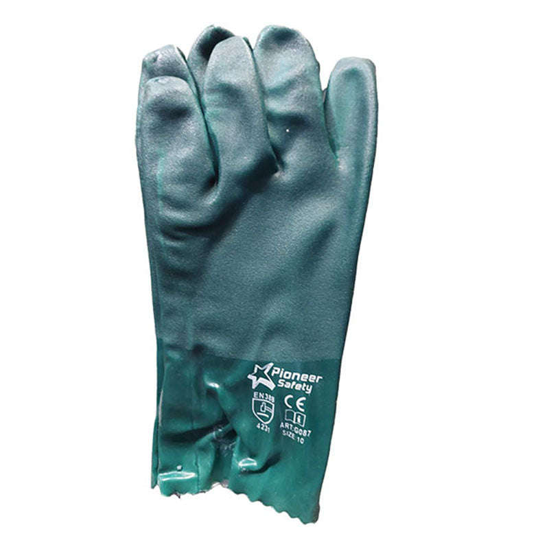 PIONEER SAFETY Gloves PVC Coat Green Textured Heavy Duty Open Cuff 27cm