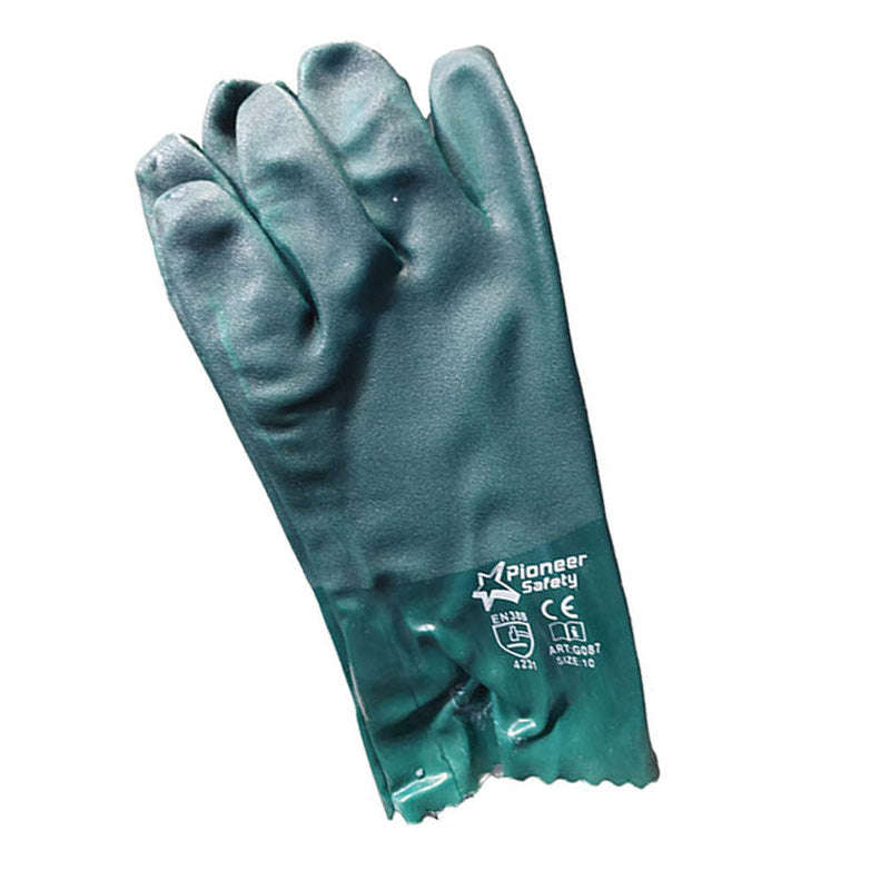 PIONEER SAFETY Gloves PVC Coat Green Textured Heavy Duty Open Cuff 27cm