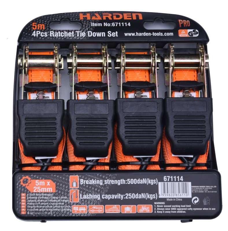HARDEN 4 Piece Ratchet Tie Down Set (25mm x 5m)