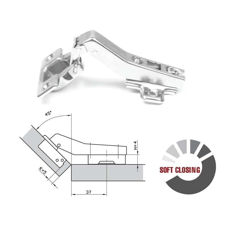 ROCO 45 Degree Soft Close 4 Hole Base Plate Cupboard Hinge