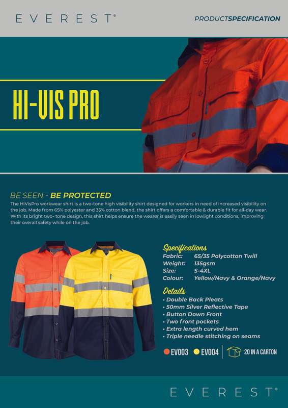 EVEREST Safety Shirt High Visibility Long Sleeve Yellow/Navy