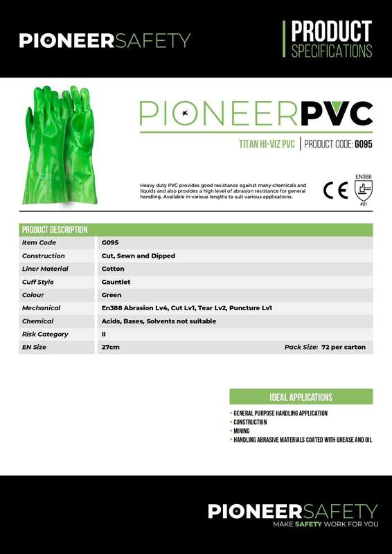 PIONEER SAFETY Gloves PVC Reinforced High Visibility Green Elbow 35cm G095
