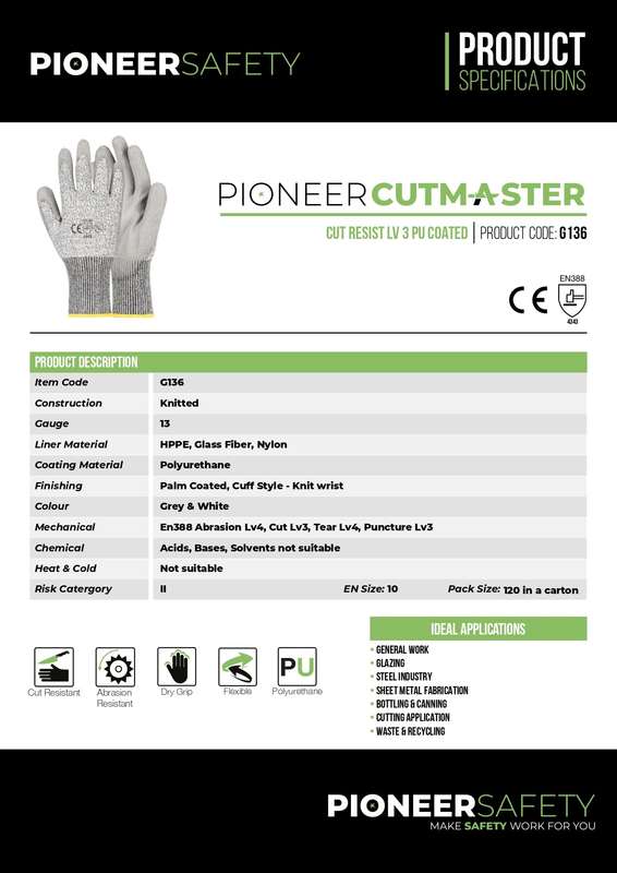 PIONEER SAFETY Cut Resistant Gloves Grey PU Palm Level 3 Size 10 G136