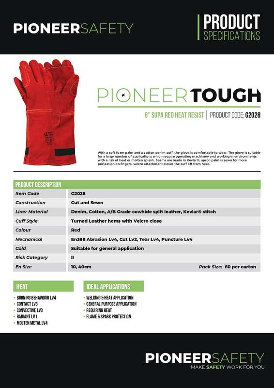 PIONEER SAFETY Gloves Leather Heat Resistant Elbow High Heat Red G2028