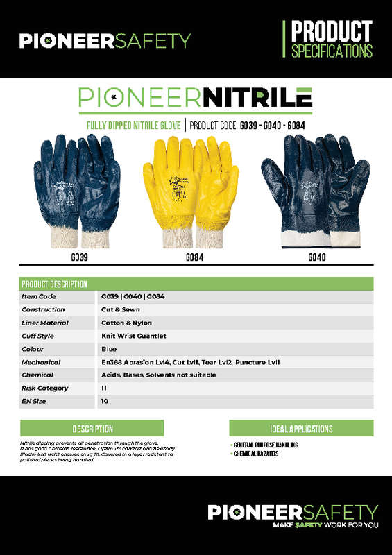 PIONEER SAFETY Nitrile Coated Blue Knit Wrist Gloves G039