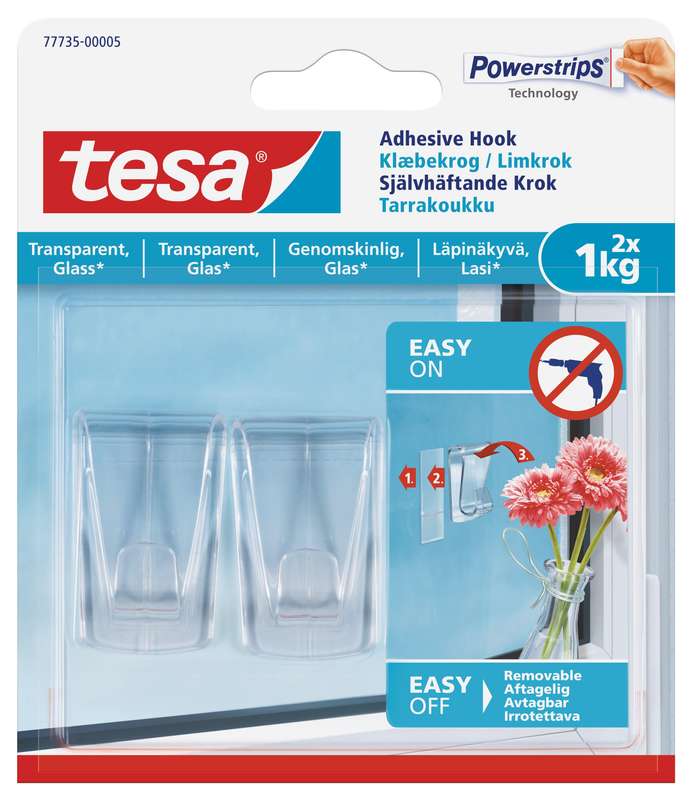 TESA Adhesive Hooks - Transparent Surface Large 2 Hooks/ 3 Strips 1kg