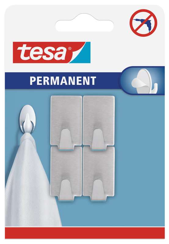 TESA Permanent Hooks Rectangular Small Metal 3 Hooks Stainless Steel