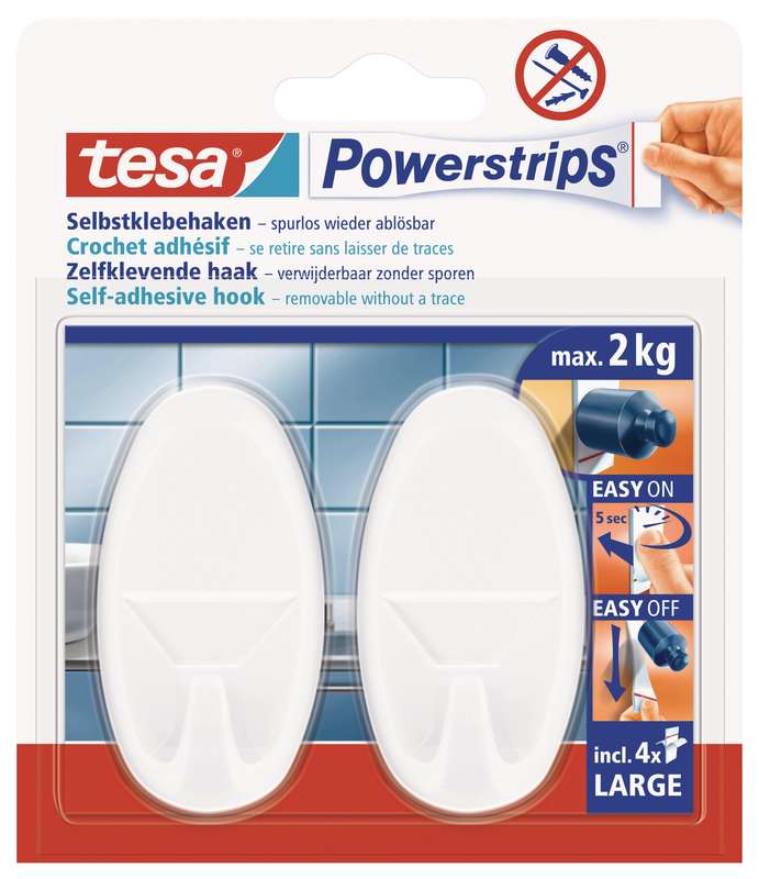 TESA Powerstrips Hooks Large Oval 2 Hooks/ 4 Strips White