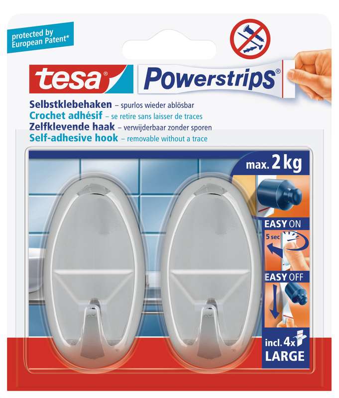 TESA Powerstrips Hooks Large Oval 2 Hooks/4 Strips Chrome