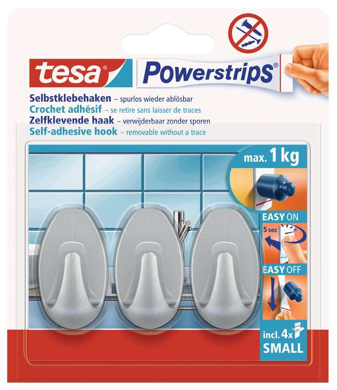 TESA Powerstrips Hooks Small Oval 3 Hooks/4 Strips Chrome Matt