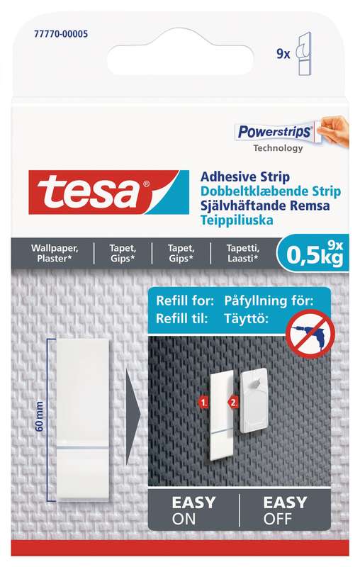 TESA Powerstrips Sensitive Surface 0.5kg 9 Adhesive Strips Wallpaper/Plaster