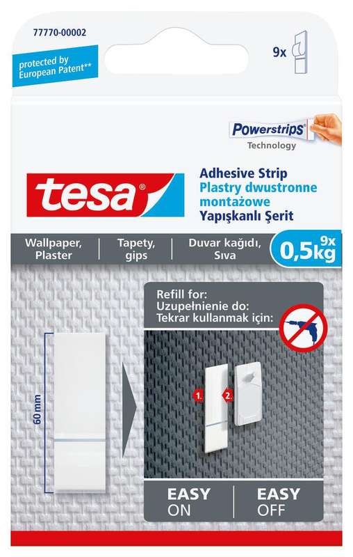 TESA Powerstrips Sensitive Surface 0.5kg 9 Adhesive Strips Wallpaper/Plaster