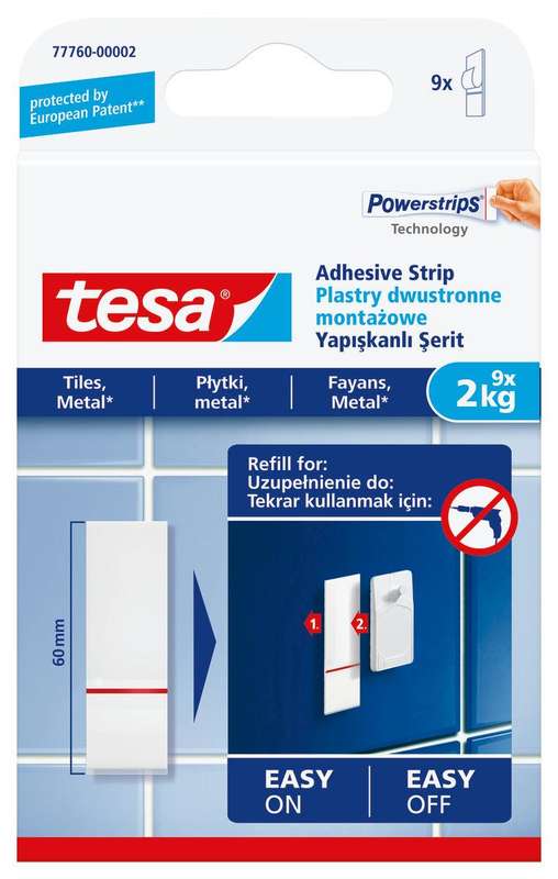 TESA Powerstrips Tiles and Metal 2kg 9 Adhesive Strips