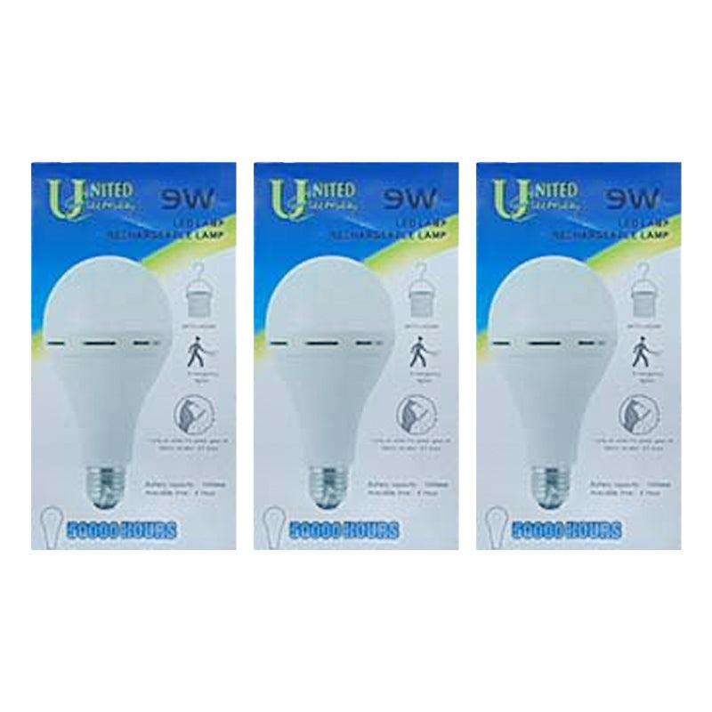UNITED ELECTRICAL 9 Watt B22 Rechargeable LED Bulb Cool White ( 3 Pack )