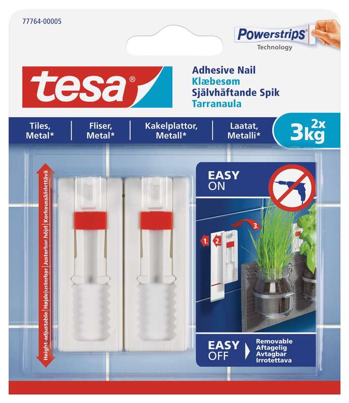 TESA Adhesive Nail Adjustable 2x3kg - Smooth And Solid Indoor Surfaces - Tiles and Metal