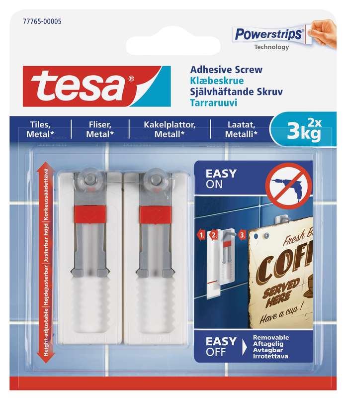 TESA Adhesive Screw Adjustable 2x3kg - Smooth and Solid Indoor Surfaces