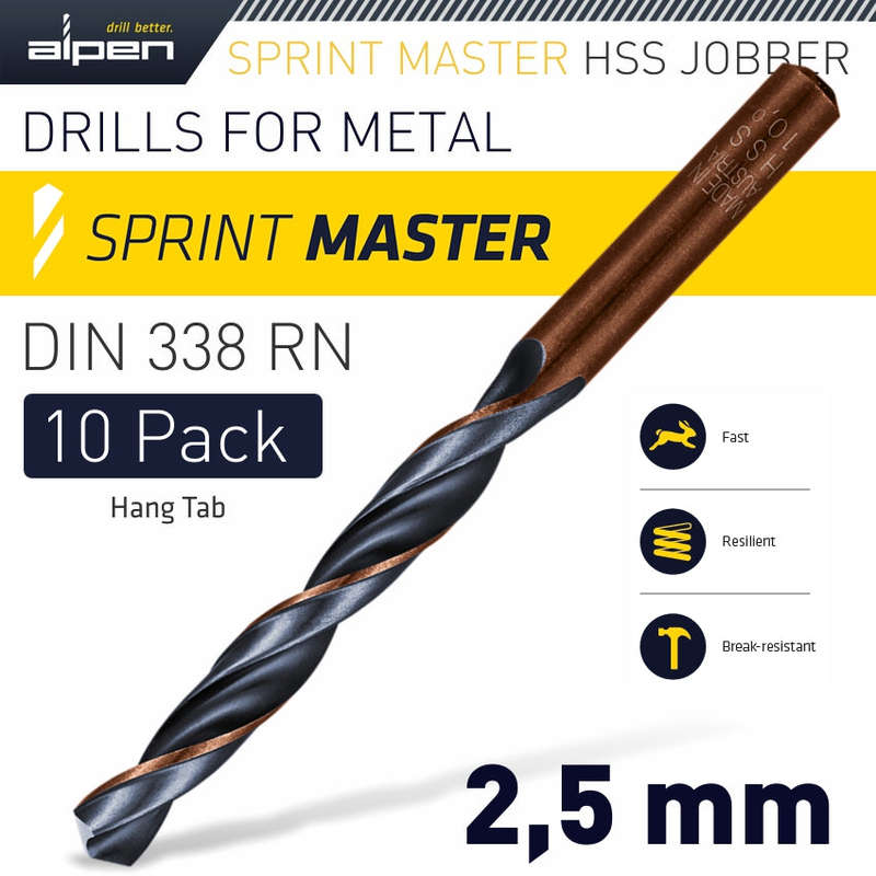 Alpen Hss Sprint Master 2.5Mm 10-Pack Hang Tag Din 338 Alpen Drill Bits - DEFAULT TITLE