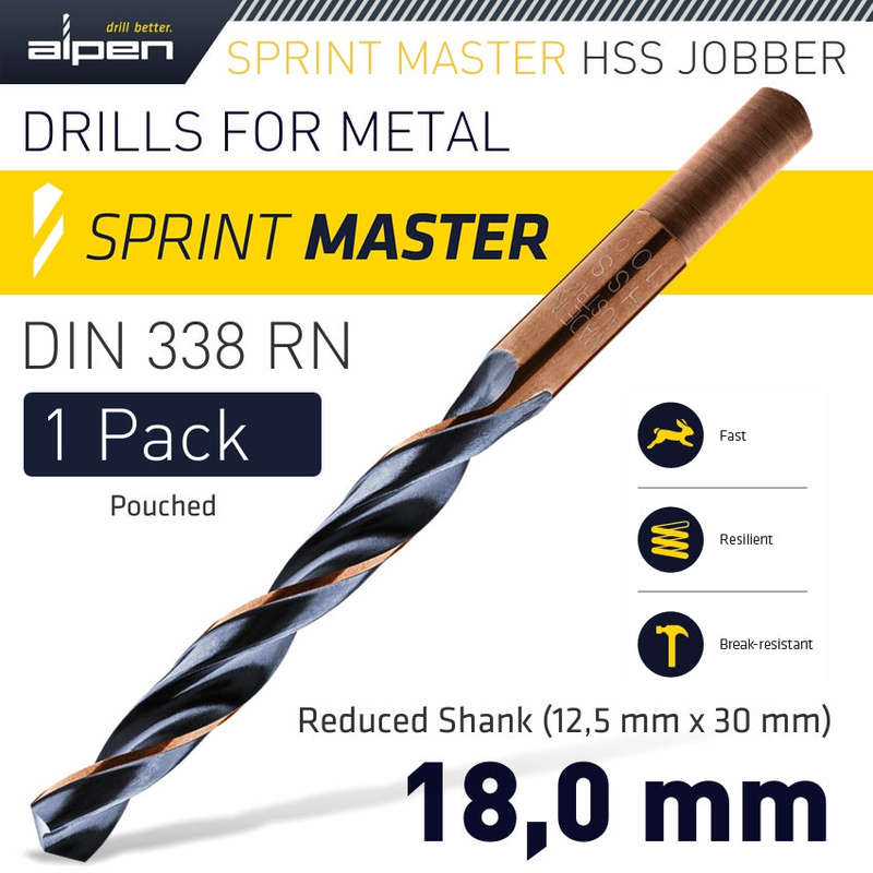 Alpen Hss Sprint Master 18.0Mm Red Shank 12.5Mm X1 Sleeved Din338 Alpen Dril - DEFAULT TITLE