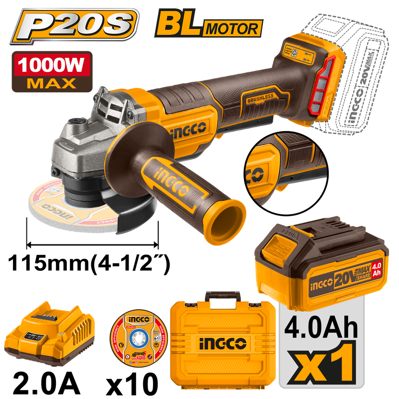 Ingco Cordless Angle Grinder 20V 115Mm Brushless Kit With Carry Case