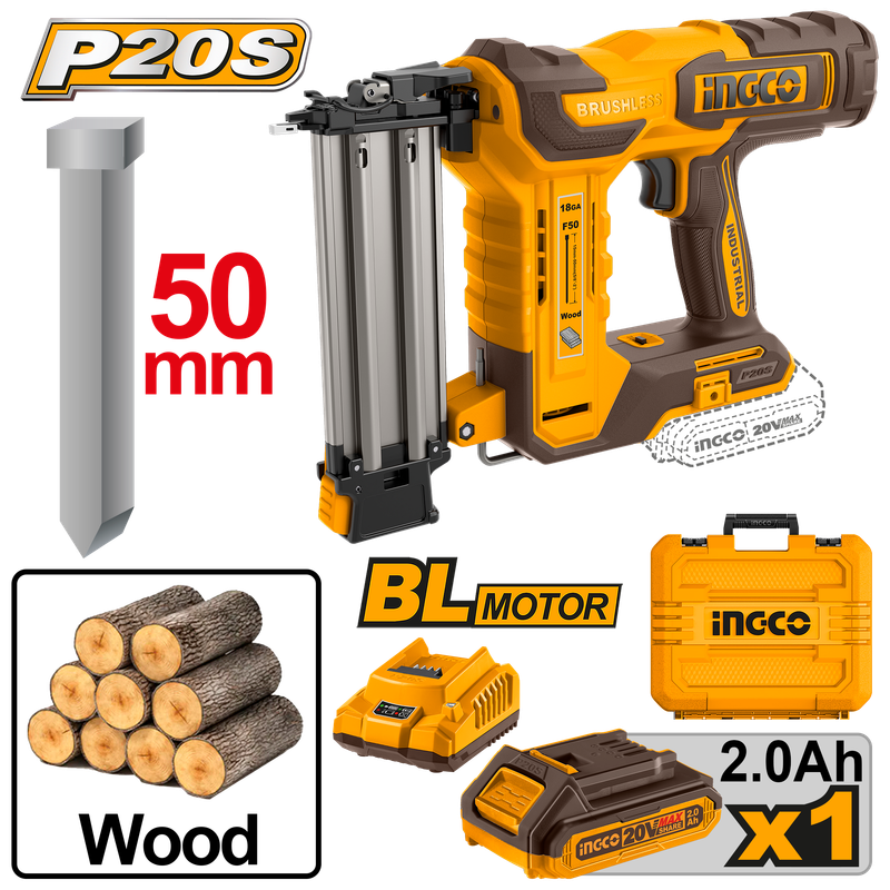 Ingco Cordless Brad Nailer F15-50 20V Kit