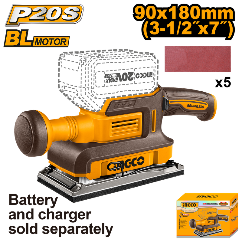 Ingco Cordless Finishing Sander Brushless 20V P20S