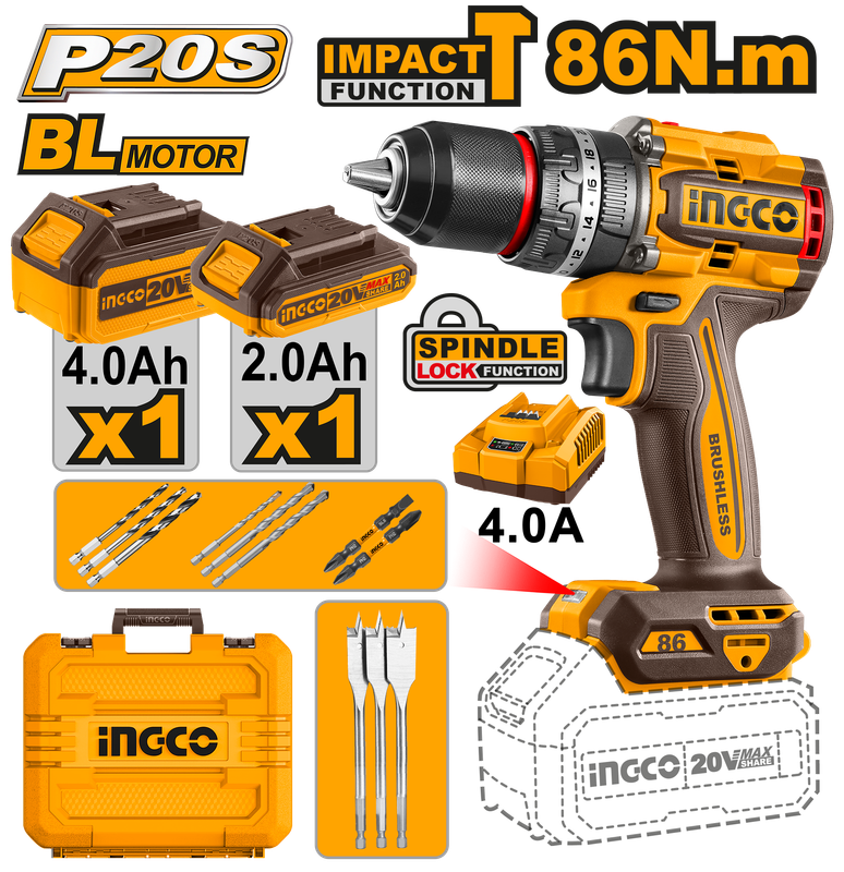 Ingco Cordless Impact Drill 86Nm Brushless 20V Kit