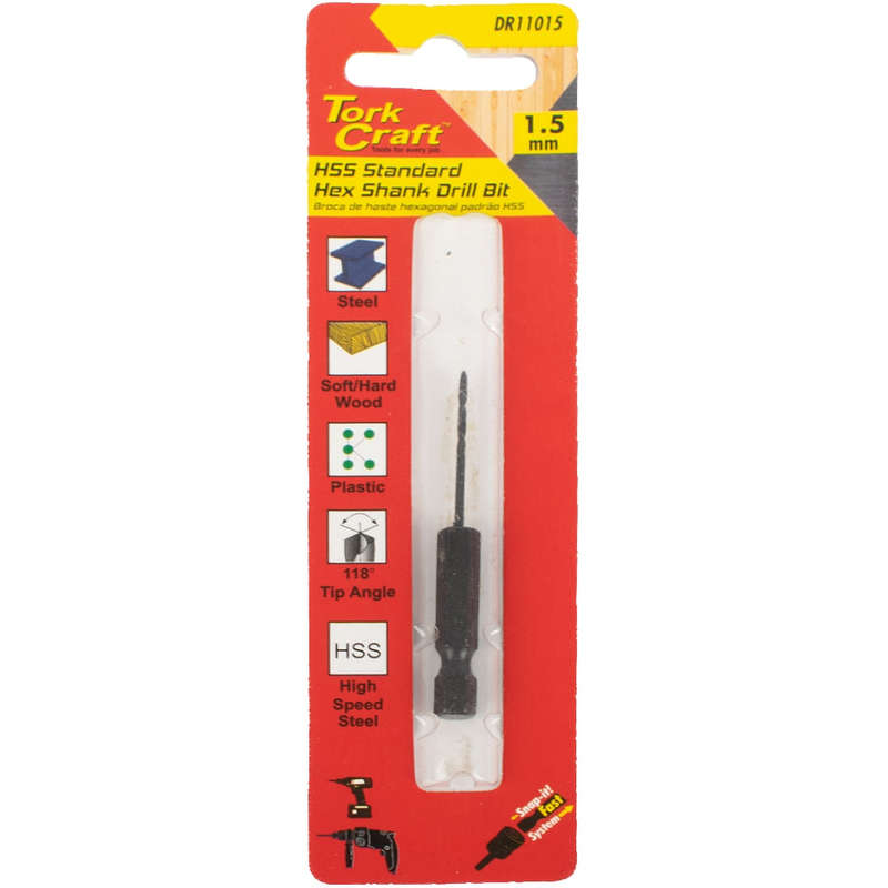 Tork Craft Drill Bit Hss Standard 1.5Mm Hex Shank 1/Card - DEFAULT TITLE