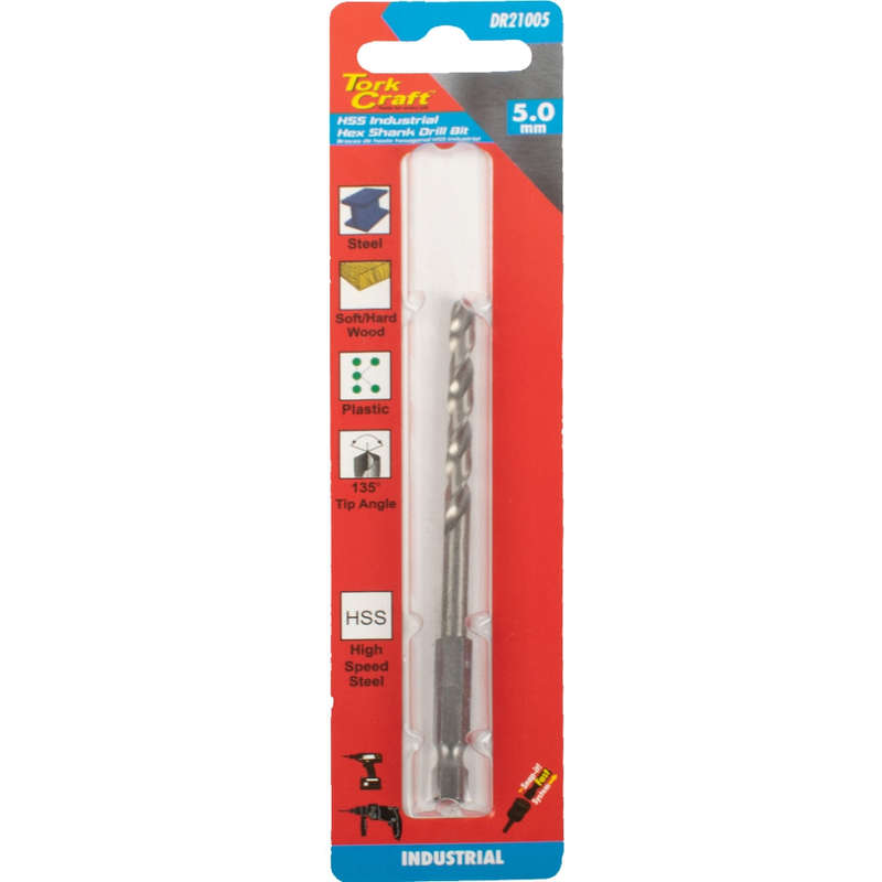 Tork Craft Drill Hss 5.0Mm 135Deg 1/Card Hex Shank Industrial Bit - DEFAULT TITLE