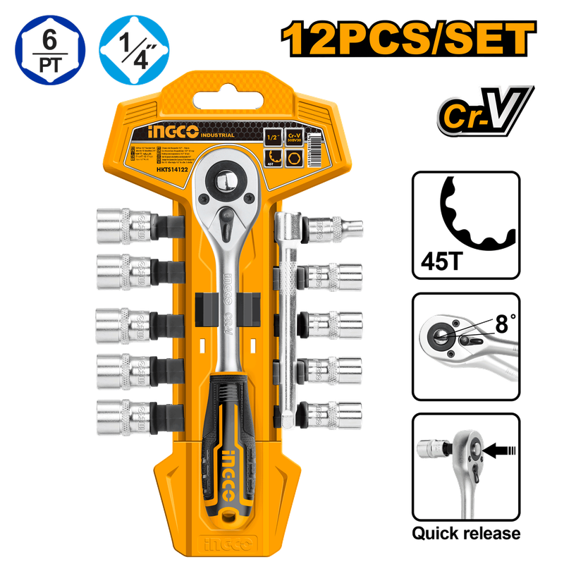 Ingco Socket Set 1/4 5-14Mm Hanger 12Pc