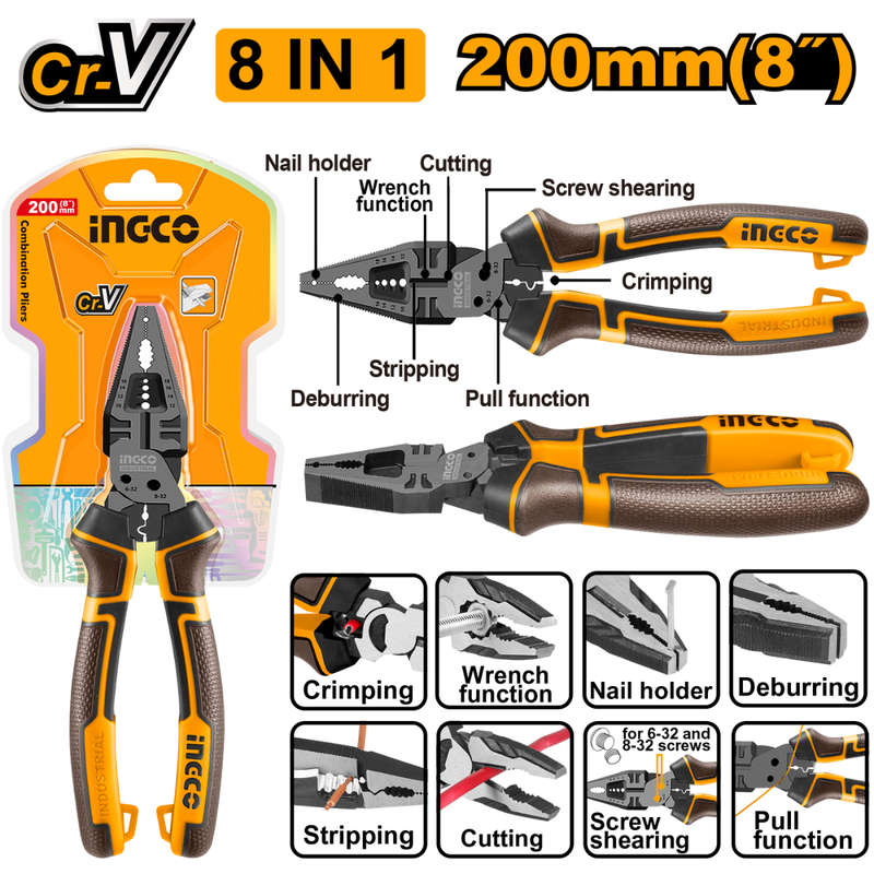 Ingco 8-in-1 Multi-Function Combination Pliers 200mm