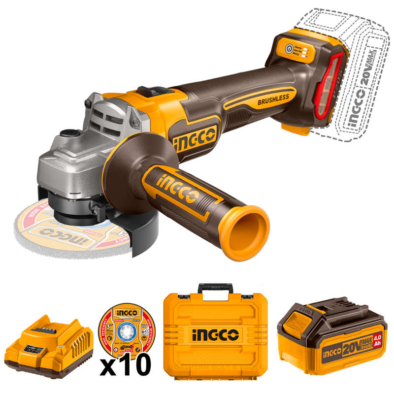 Special - Ingco Cordless Angle Grinder Brushless 20V 115Mm Kit with Carry Case