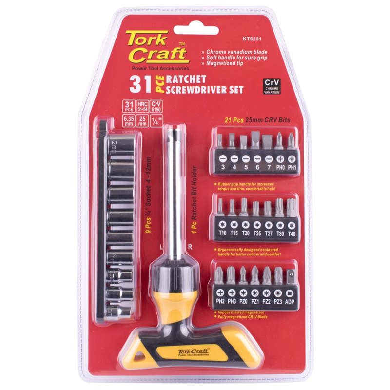 Tork Craft Screwdriver Ratchet T-Handle Bit Set 31Pc